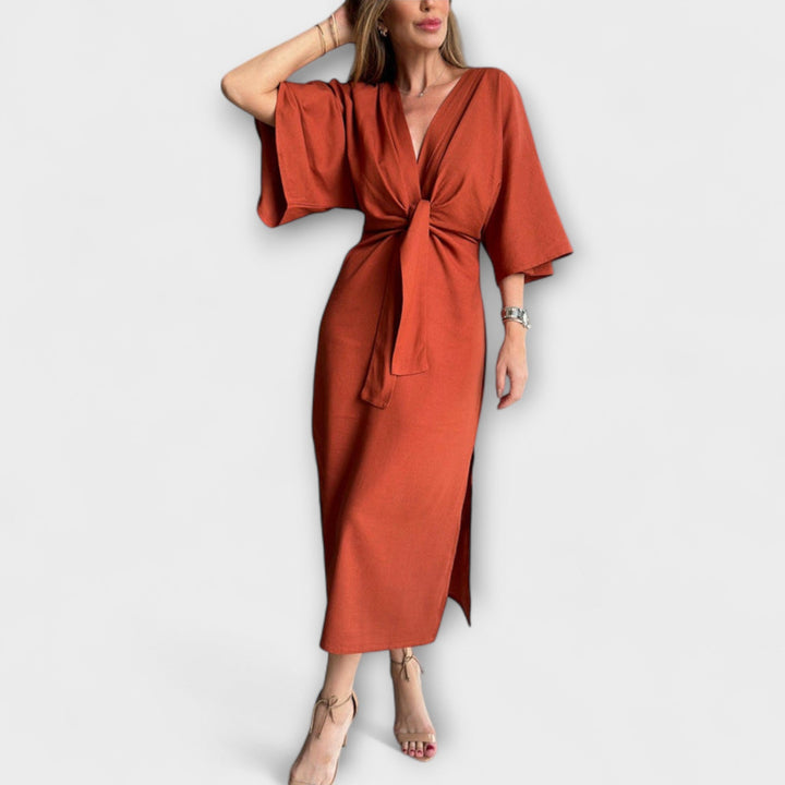 Holly - Vestido casual con escote en V, confeccionado en algodón y lino con lazo