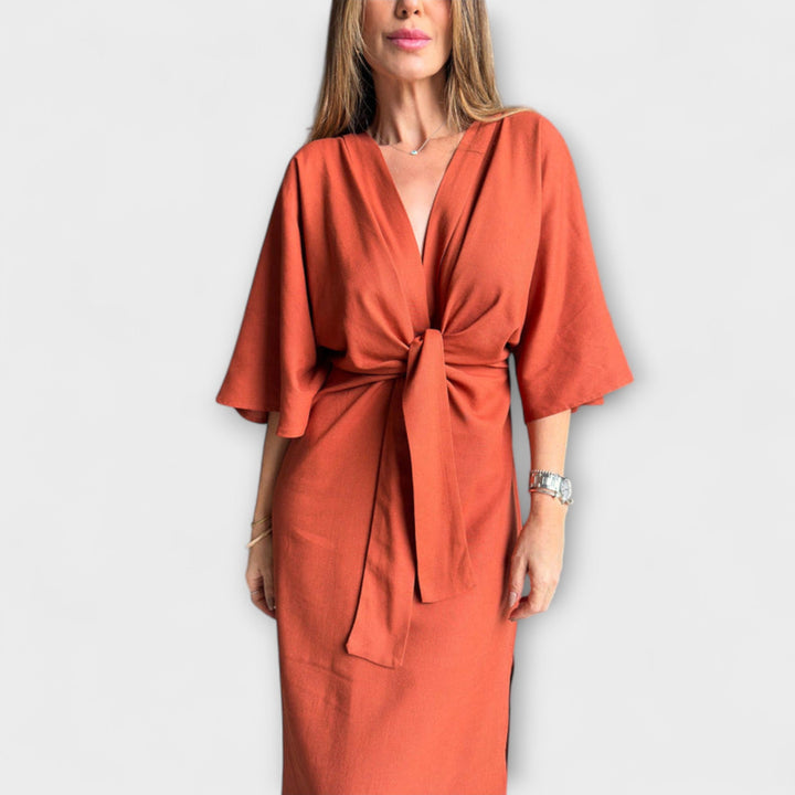 Holly - Vestido casual con escote en V, confeccionado en algodón y lino con lazo