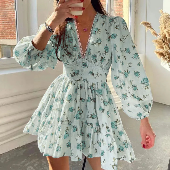 Vestido mini floral de corte A para mujer con escote en V y mangas largas