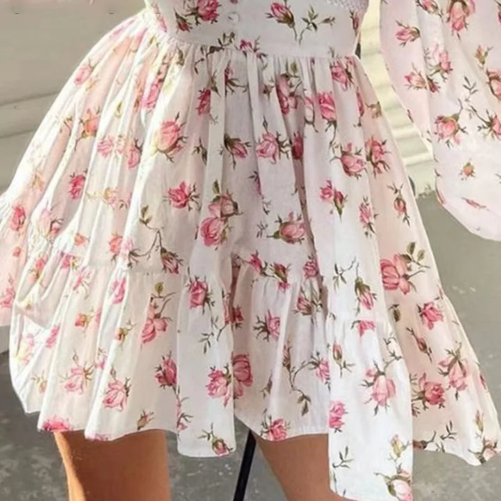 Vestido mini floral de corte A para mujer con escote en V y mangas largas