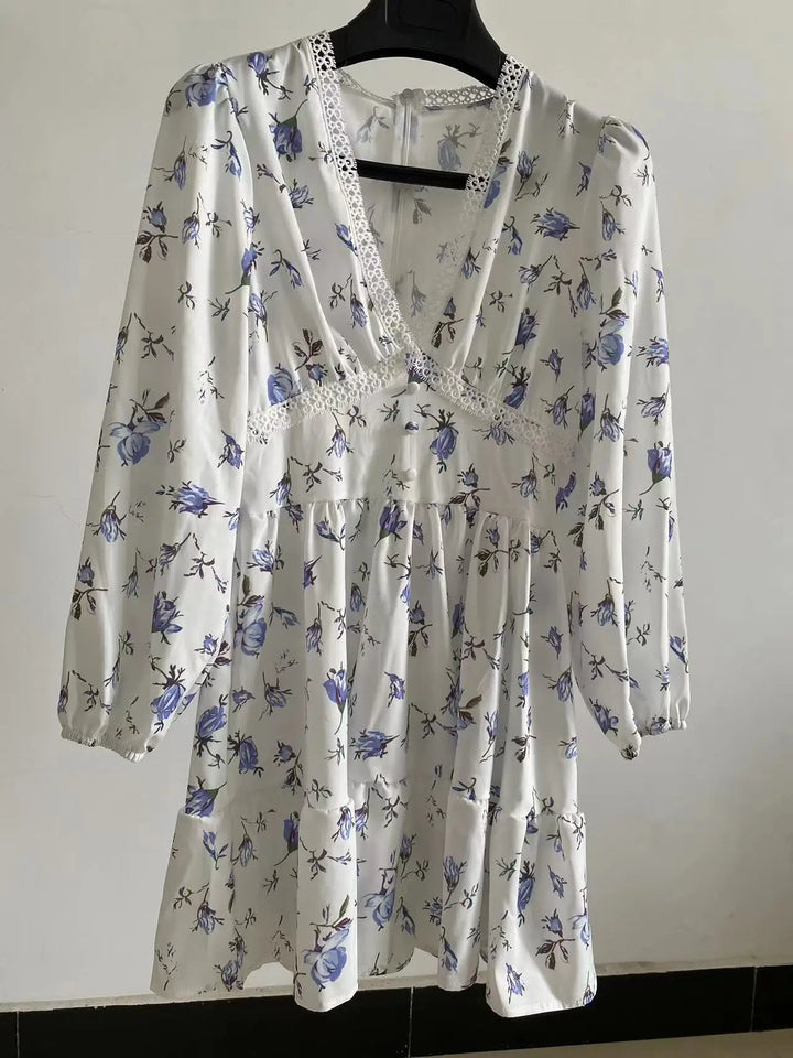 Vestido mini floral de corte A para mujer con escote en V y mangas largas