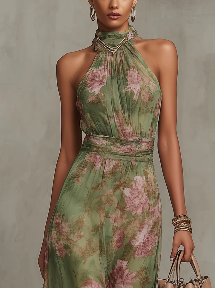Serena ∙ Vestido largo verde floral en chiffon con escote halter