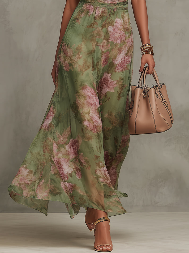 Serena ∙ Vestido largo verde floral en chiffon con escote halter