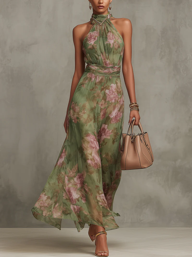 Serena ∙ Vestido largo verde floral en chiffon con escote halter